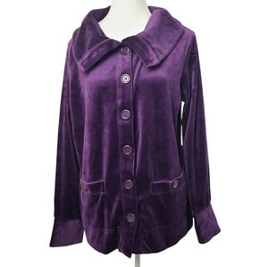 White Stag Purple Velour Button-Up Cardigan Sweater Boho Cozy Sz L